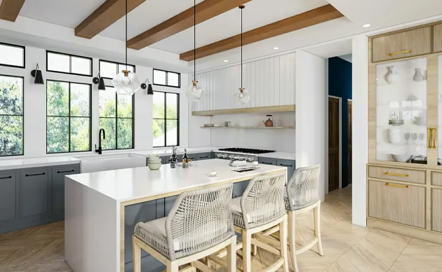 Renovated open-concept living room with new flooring and recessed ceiling lights